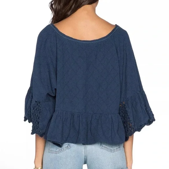 Free People Gauze Sweet Talker Top Women's Boho Peasant Blouse Navy Size Small - Picture 2 of 14